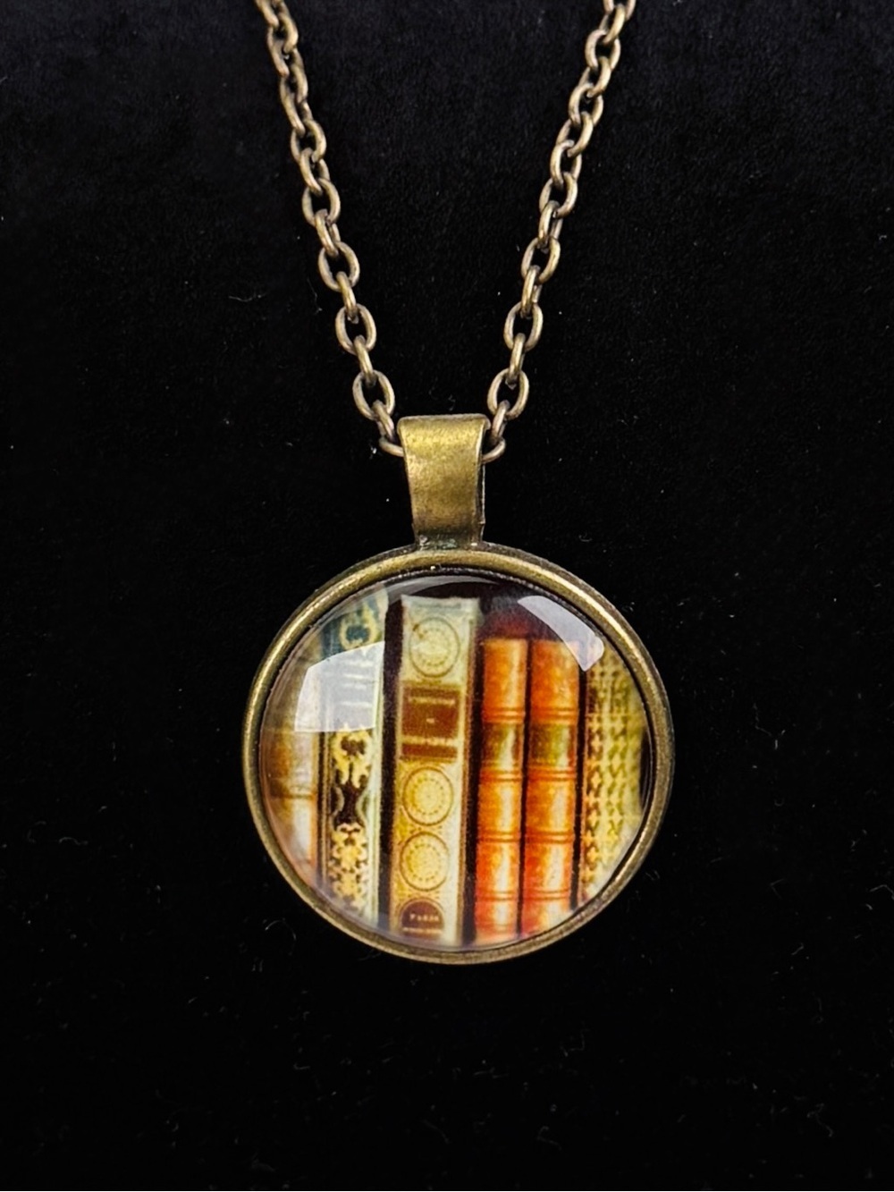 Vintage Bookshelf Library Glass Cabochon Pendant Necklace Bronze Tone Book Lover